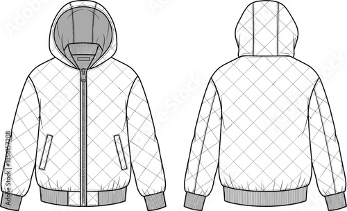  Quilted hooded jacket fashion flat sketch with zipper and rib cuffs, winter outerwear apparel technical drawing, vector clothing design illustration template