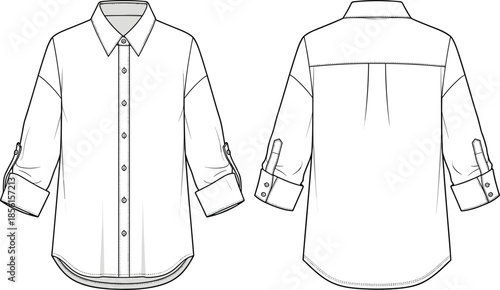   Rolled sleeve women's button-up shirt fashion flat, detailed technical clothing sketch, long sleeve blouse front and back template for apparel design
