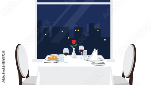 Romantic dining table elegantly set for two in a restaurant, featuring a single red rose and a stunning city night view from the window.
