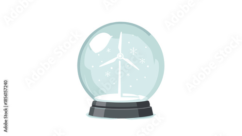 Whimsical clear glass snow globe containing a miniature wind turbine and falling snowflakes, symbolizing green energy in winter or climate change.