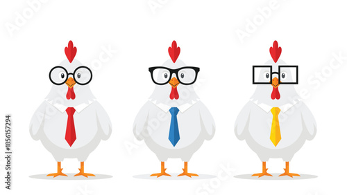 Three comical cartoon chickens dressed in professional business attire, including glasses and colorful ties, embodying a quirky corporate team.