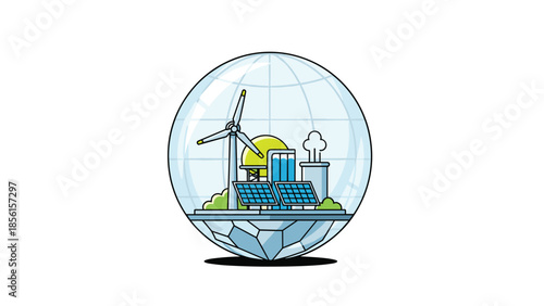 Transparent glass globe containing a miniature sustainable city with solar panels, wind turbine, and eco-friendly buildings, symbolizing a green future.