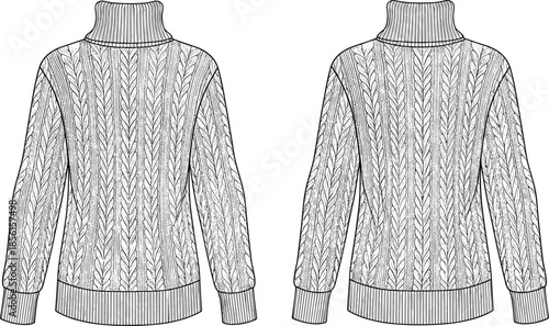  Turtleneck cable knit sweater back view fashion illustration, detailed winter pullover template, cozy textured knitwear technical drawing for apparel design and sewing references