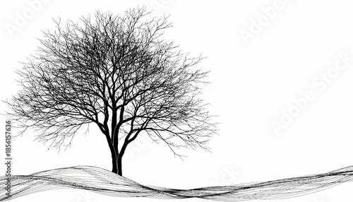 A black silhouette of a bare tree standing on a hill against a white background, showcasing nature's simplicity.
