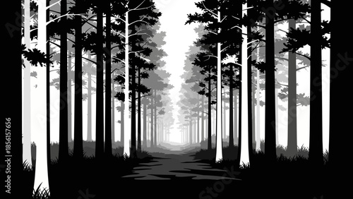 A serene black silhouette of a forest pathway lined with tall trees, leading to a bright background in a natural landscape.