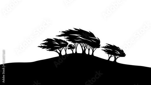 Black silhouette of trees on a hill against a white background, conveying a sense of nature in a minimalist and dramatic style.