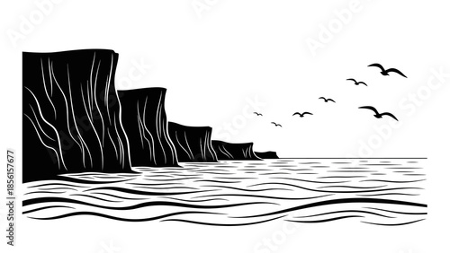 Black silhouette of rugged cliffs rising from the ocean with wavy water and flying birds in a minimalist nature scene.