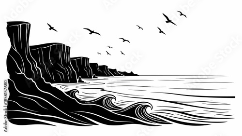 Black silhouette of rocky cliffs and waves against a white background with birds flying overhead in a natural scene.