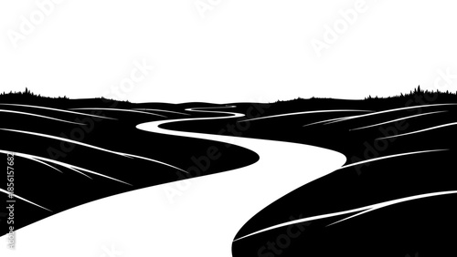 A black silhouette landscape with a winding road cutting through rolling hills in a natural setting.