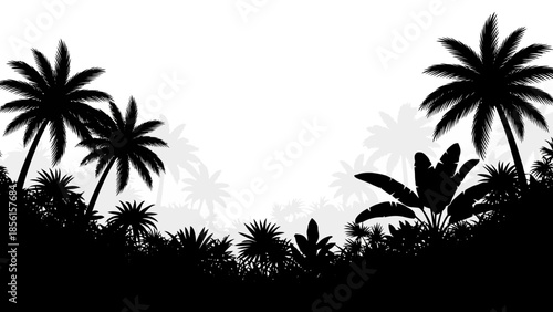 Black silhouette of tropical palm trees and foliage against a white background, showcasing a natural landscape in a simple, graphic style.