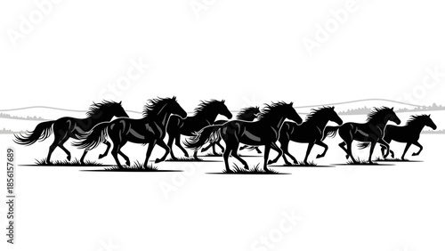 A black silhouette of a herd of horses running freely in a natural landscape with a minimalist background.