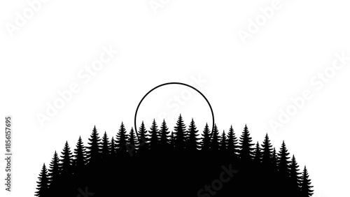 Black silhouette of a dense forest with pine trees against a white background, featuring a simple circular shape above the treetops, evoking a sense of nature and serenity.