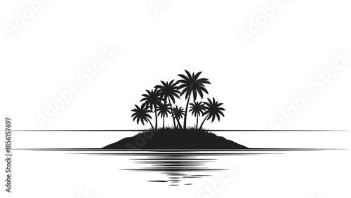 A serene black silhouette of a tropical island with palm trees against a calm body of water, set against a clean white background with a peaceful and natural mood.