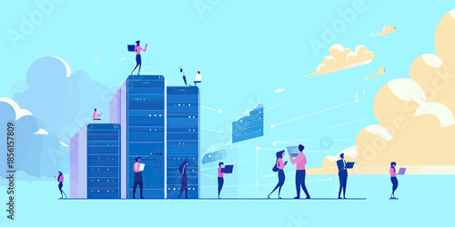 Business team interacting with cloud computing server racks and digital data transfer in modern technology network concept flat vector illustration