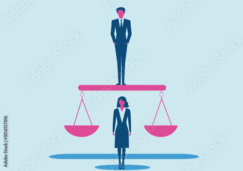Business man standing above business woman on unbalanced scale symbolizing gender inequality and workplace discrimination in flat vector style