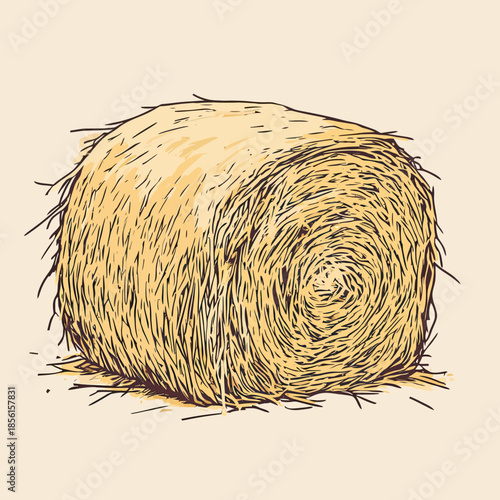 Hand drawn round hay bale illustration with detailed straw texture isolated on beige background in minimalist style for agriculture and farming concept design