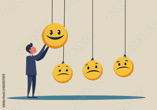 Businessman holding smiley face pendulum impacting sad emoticons balance emotional intelligence positive thinking flat vector illustration