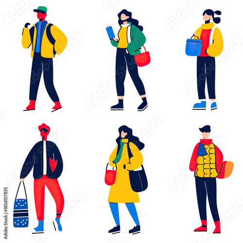 Diverse young people standing with winter clothing backpacks and bags flat minimalist vector illustration casual urban characters in outdoor style