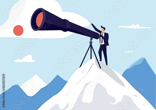 Businessman standing on snow covered mountain peak looking through large telescope ambition concept with blue sky and distant mountains background vector illustration