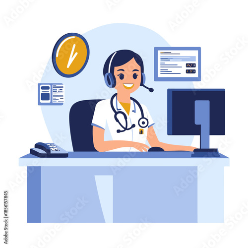 Female doctor with headset providing telemedicine consultation at modern medical office desk with computer and stethoscope flat vector illustration
