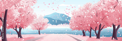 Tranquil riverside promenade with blooming cherry blossom trees pink petals falling calm water mountain background spring season flat vector illustration