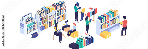 Isometric digital library scene with diverse people reading books and browsing colorful shelves in flat minimalist style vector illustration on white background