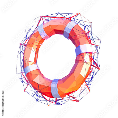 Low poly lifebuoy ring with polygonal wireframe structure isolated on white background 3D technology safety and protection concept illustration in minimalist style