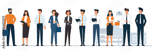 Group of diverse business people standing in professional outfits with laptops, briefcases, and documents, modern office teamwork concept vector illustration