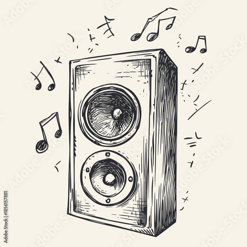 Hand Drawn Doodle Style Music Speaker with Sound Notes Sketch Isolated Vector Illustration Minimalist Line Art Audio Equipment