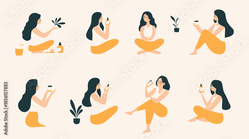 Woman Performing Skin Care Routine with Beauty Products and Natural Ingredients in Minimalist Flat Vector Illustration Set