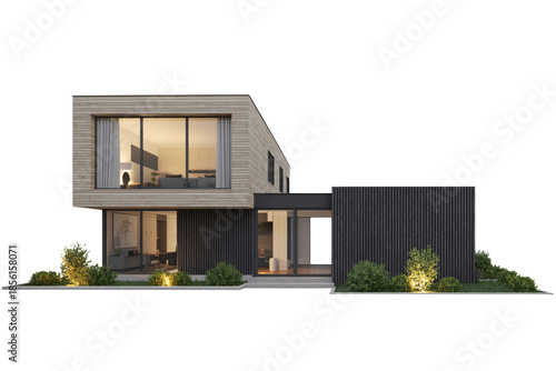 Modern house exterior in minimalist style with warm interior lighting on gray and black facade for real estate