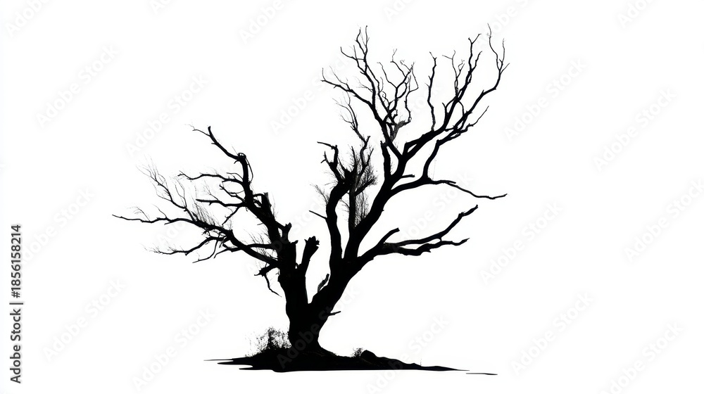 Fototapeta premium A tree with twisted branches stands against a white background. The tree shows no leaves and features bare limbs reaching out. The scene highlights the tree's structure and form.