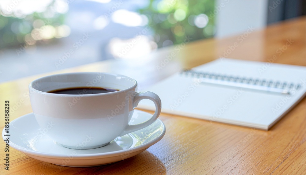 Fototapeta premium Cup of coffee and notebook on a wooden table with blurred background Keywords: coffee, cup, saucer, drink, beverage, hot
