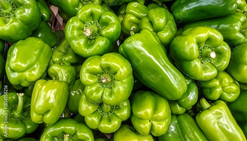 Fresh, vibrant green bell peppers displayed en masse