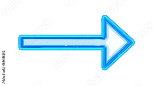 Bright blue neon arrow pointing right, indicating direction and progress on a clean white background, perfect for modern design and digital interfaces
