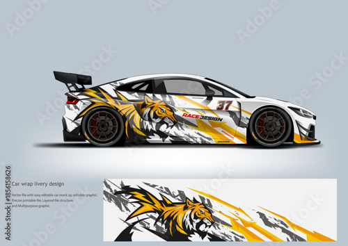 Stylish automotive wrap design showcasing dynamic stripe elements on a modern hatchback vehicle. Suitable for visual presentations related to transportation, vehicle customization, and graphic design 