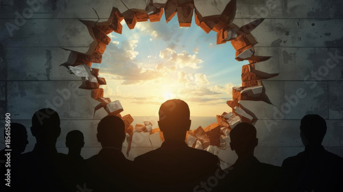 Wallpaper Mural Silhouette group man woman broken wall freedom concept hopeful sunrise sky light breakthrough human rights Torontodigital.ca
