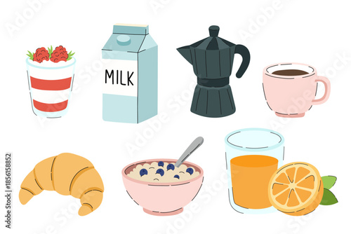 Healthy morning  breakfast food and drinks set with milk carton, coffee moka pot and croissant. Meal elements: oatmeal bowl, orange juice, and yogurt with raspberries. Minimalist culinary icons.