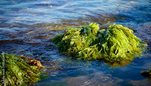 fresh green sea lettuce seaweed in shallow coastal water