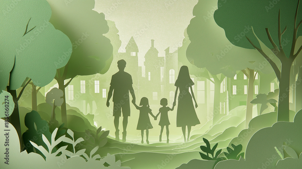 Fototapeta premium Paper Art Carving of Family and Park in Green Town Shape, Ecology and Sustainability Concept, Vector Illustration