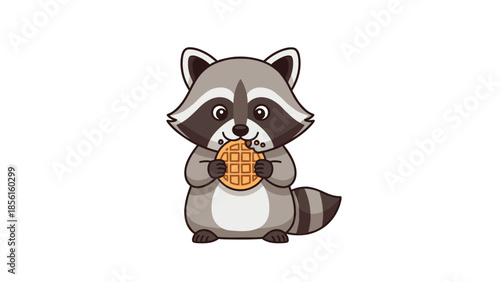 Adorable cartoon raccoon happily sitting and enjoying a freshly baked waffle, portraying a charming and cute animal character.