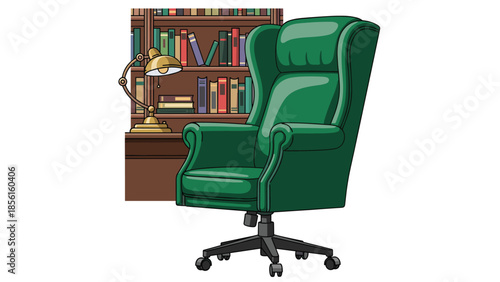 Elegant green leather office chair with a classic desk lamp and a bookshelf filled with books in a home library setting.
