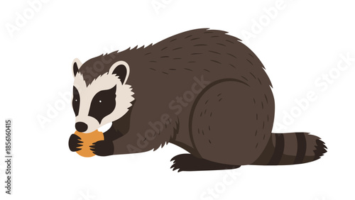 Realistic-style raccoon on all fours, holding an orange fruit in its paws and eating, showcasing wildlife behavior.