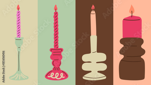 Decorative wax candles of different shapes. Cute cozy doodle sticker set with abstract candle forms in modern Nordic style.