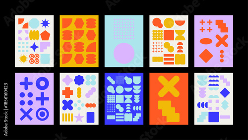 Abstract trendy geometric backgrounds with rounded shapes and symbols. Modern flat vector design for posters, banners, covers, prints, cards or packaging.