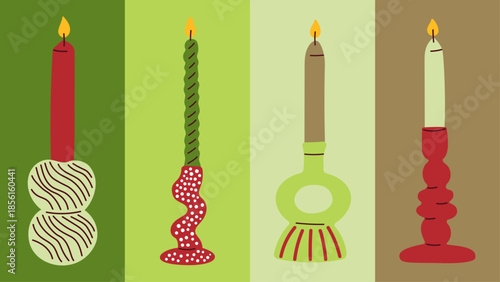 Set of scented candles in various abstract shapes. Cozy cartoon wax candle stickers in hand drawn Scandinavian doodle style.