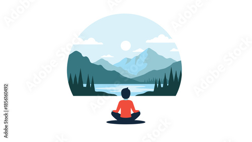 Person meditating with their back to the viewer, facing a stunning mountain and lake landscape under a bright sky.