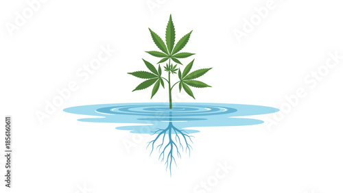 Cannabis plant with visible roots standing in calm water with ripple effects, reflecting its image, symbolizing growth and cultivation.