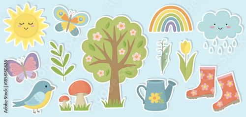 Set of cute stickers with sun, cloud, rubber boots, watering can, rainbow, tree, flowers, bird, butterflies, mushrooms. Collection of colorful spring elements