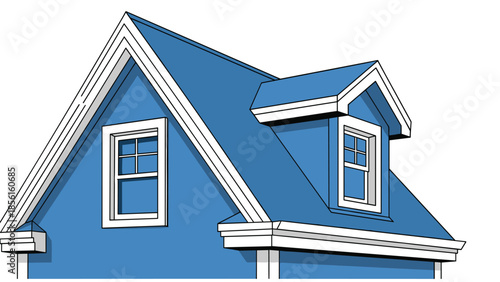 Close-up architectural view of a blue house roof with white trim, featuring a dormer window and an attic window.